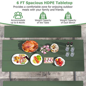 6 FT 8-Person Outdoor Large Picnic Table Bench Set with Umbrella Hole, Metal Frame, All-Weather HDPE Tabletop