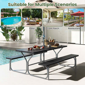 6 FT 8-Person Outdoor Large Picnic Table Bench Set with Umbrella Hole, Metal Frame, All-Weather HDPE Tabletop