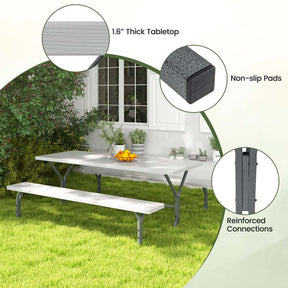 6 FT 8-Person Outdoor Large Picnic Table Bench Set with Umbrella Hole, Metal Frame, All-Weather HDPE Tabletop