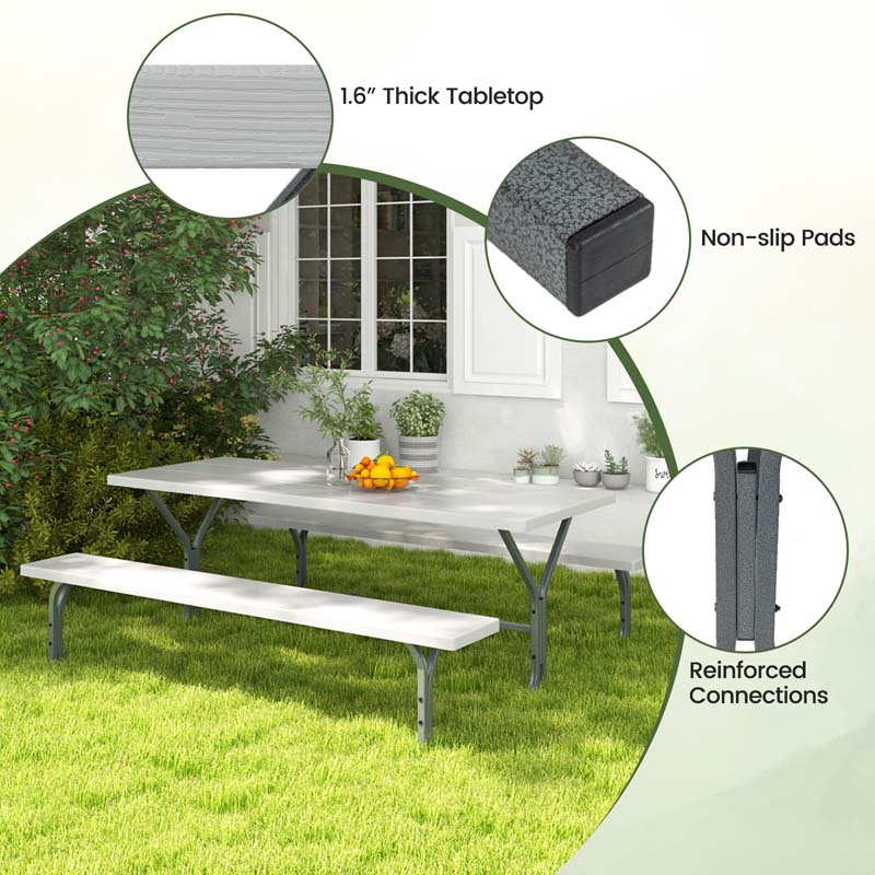 6 FT 8-Person Outdoor Large Picnic Table Bench Set with Umbrella Hole, Metal Frame, All-Weather HDPE Tabletop