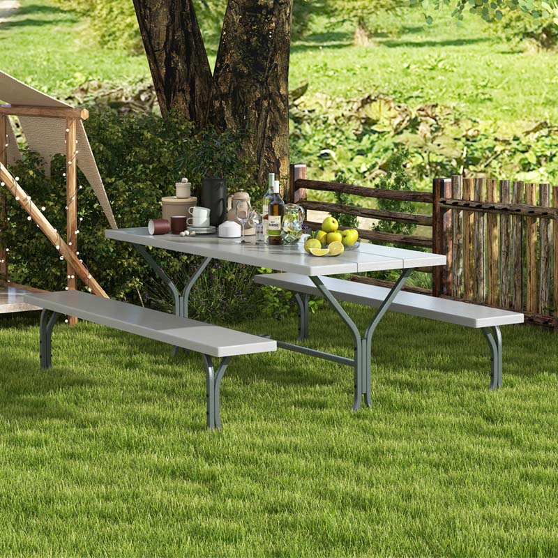 6 FT 8-Person Outdoor Large Picnic Table Bench Set with Umbrella Hole, Metal Frame, All-Weather HDPE Tabletop