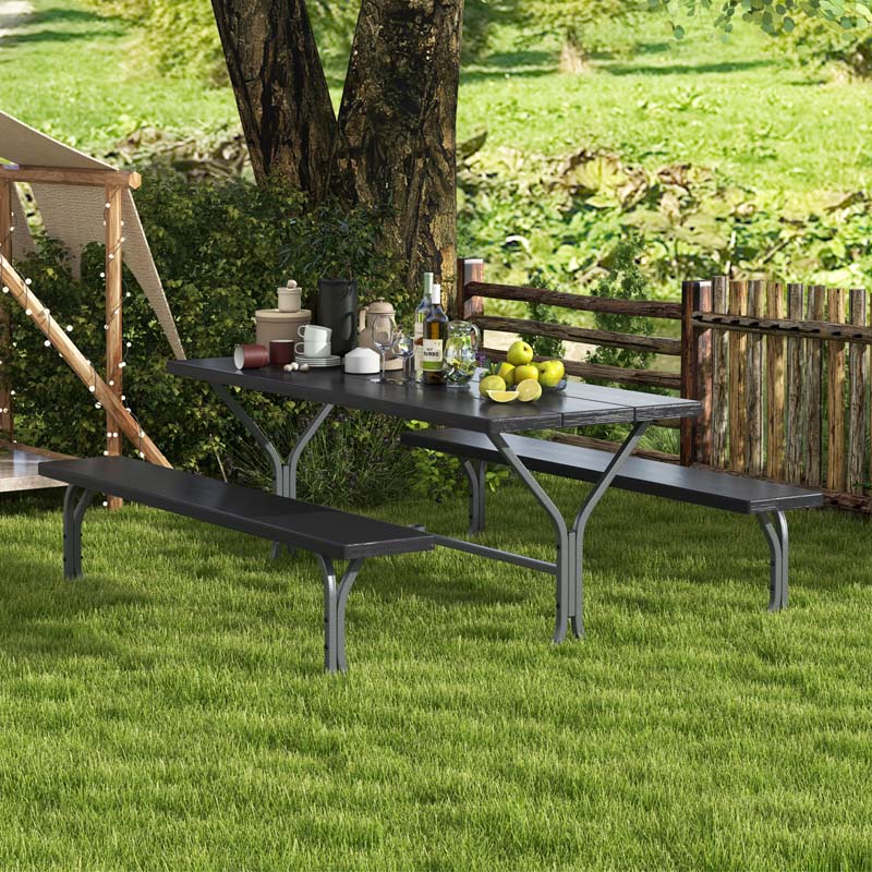 6 FT 8-Person Outdoor Large Picnic Table Bench Set with Umbrella Hole, Metal Frame, All-Weather HDPE Tabletop