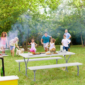 6 FT 8-Person Outdoor Large Picnic Table Bench Set with Umbrella Hole, Metal Frame, All-Weather HDPE Tabletop