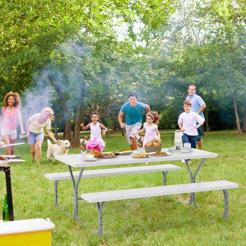 6 FT 8-Person Outdoor Large Picnic Table Bench Set with Umbrella Hole, Metal Frame, All-Weather HDPE Tabletop