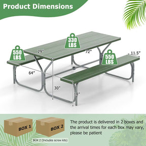 6 FT 8-Person Outdoor Large Picnic Table Bench Set with Umbrella Hole, Metal Frame, All-Weather HDPE Tabletop