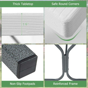6 FT 8-Person Outdoor Large Picnic Table Bench Set with Umbrella Hole, Metal Frame, All-Weather HDPE Tabletop