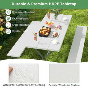 6 FT 8-Person Outdoor Large Picnic Table Bench Set with Umbrella Hole, Metal Frame, All-Weather HDPE Tabletop