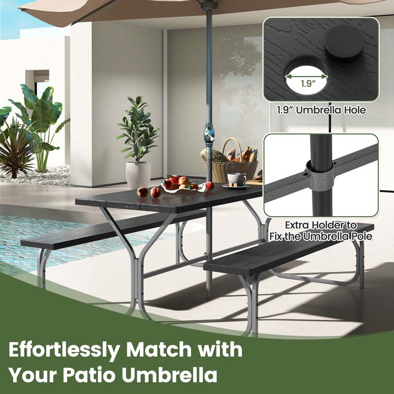 6 FT 8-Person Outdoor Large Picnic Table Bench Set with Umbrella Hole, Metal Frame, All-Weather HDPE Tabletop