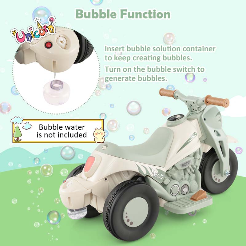 6V Kids Ride On Motorcycle with Bubble Maker, Battery Powered 3-Wheel Electric Motorcycle with LED Headlight & Music for Toddlers Gift