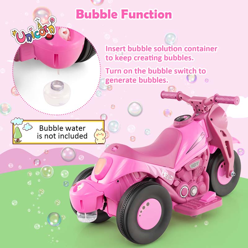 6V Kids Ride On Motorcycle with Bubble Maker, Battery Powered 3-Wheel Electric Motorcycle with LED Headlight & Music for Toddlers Gift
