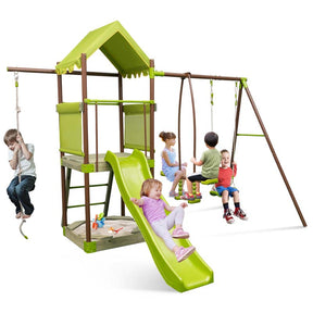 7-in-1 Backyard Heavy Duty Metal Swing Set for Kids with Slide, Covered Fort, Sandbox, Climbing Rope, Glider & Swing for Outdoor Playground Fun