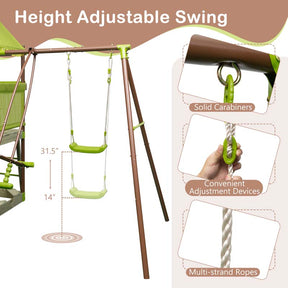 7-in-1 Backyard Heavy Duty Metal Swing Set for Kids with Slide, Covered Fort, Sandbox, Climbing Rope, Glider & Swing for Outdoor Playground Fun