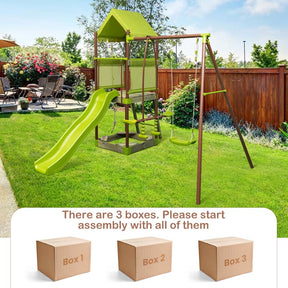 7-in-1 Backyard Heavy Duty Metal Swing Set for Kids with Slide, Covered Fort, Sandbox, Climbing Rope, Glider & Swing for Outdoor Playground Fun