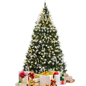 6/7.5/9FT Pre-lit Artificial Christmas Tree, Hinged Snow Flocked Xmas Tree w/Pine Cones, Red Berries & 250/550/900 LED Lights, 8 Lighting Modes