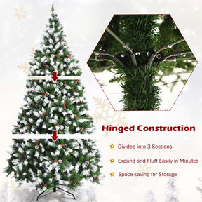 6/7.5/9FT Pre-lit Artificial Christmas Tree, Hinged Snow Flocked Xmas Tree w/Pine Cones, Red Berries & 250/550/900 LED Lights, 8 Lighting Modes