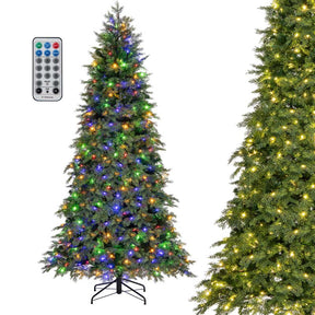 6/7.5 FT Pre-Lit Artificial Christmas Tree, PE/PVC Mixed Tips, Hinged Xmas Tree with Remote, 11 Color-Changing LED Modes, Timer & Metal Stand