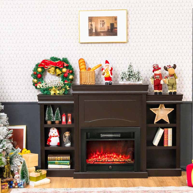 70" Fireplace Mantel TV Stand with Storage Shelves, Freestanding Wood Media Console for 28.5" Fireplace Insert, Living Room & Bedroom