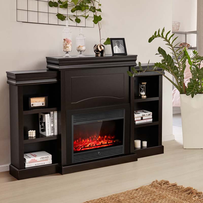 70" Fireplace Mantel TV Stand with Storage Shelves, Freestanding Wood Media Console for 28.5" Fireplace Insert, Living Room & Bedroom