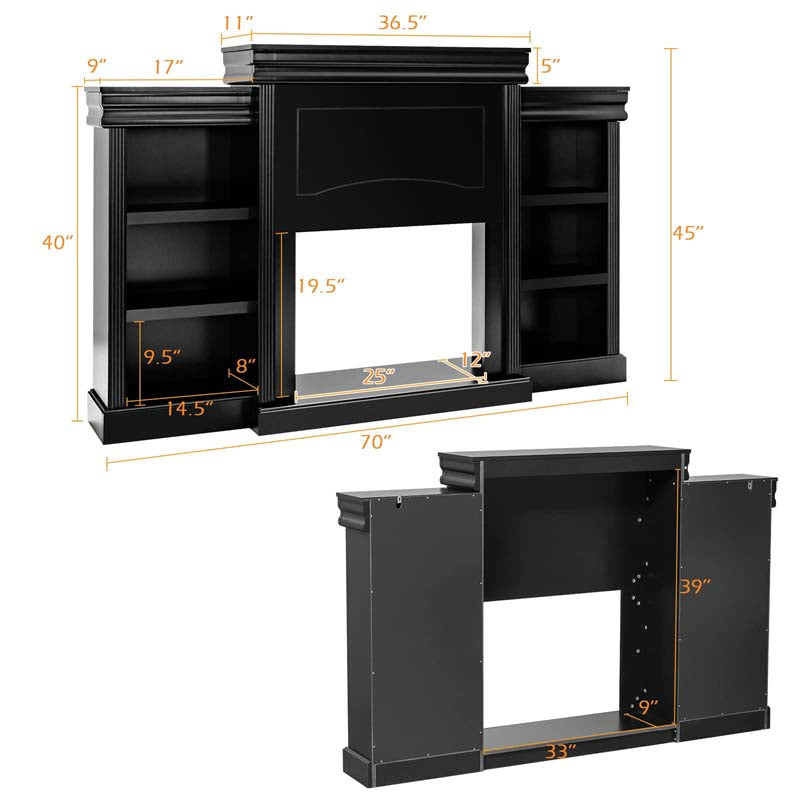 70" Fireplace Mantel TV Stand with Storage Shelves, Freestanding Wood Media Console for 28.5" Fireplace Insert, Living Room & Bedroom