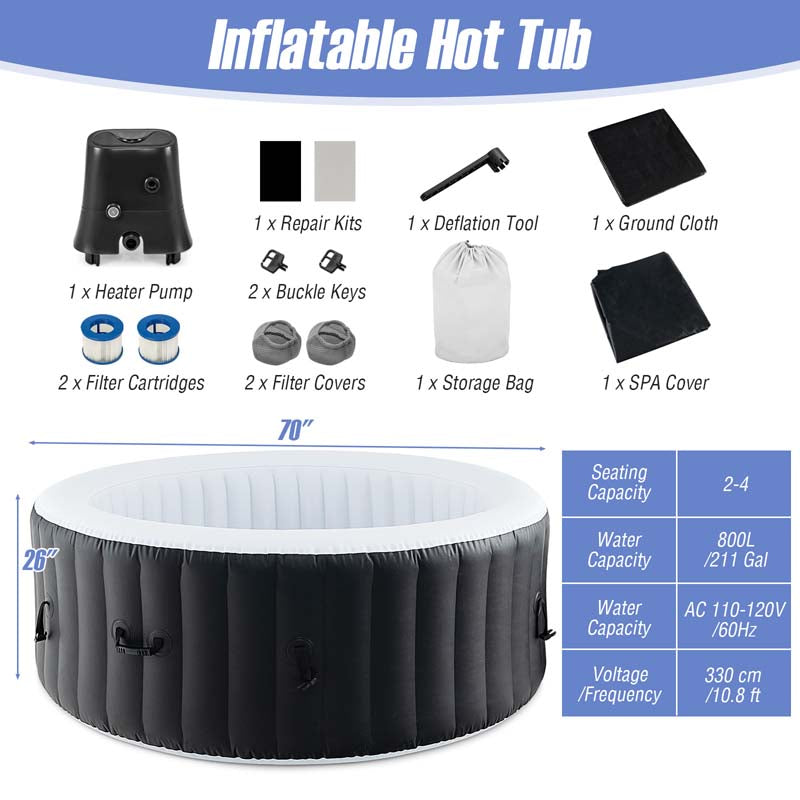 2-6 Person Inflatable Hot Tub with 110/130 Air Jets, Heater Pump & Insulated Cover, Portable Outdoor Blow-Up Spa for Backyard