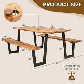 70" Patented Acacia Wood Picnic Table Bench Set with Umbrella Hole, 6-8 Person Outdoor Patio Dining Table, Heavy Duty Metal Frame Beer Garden Table