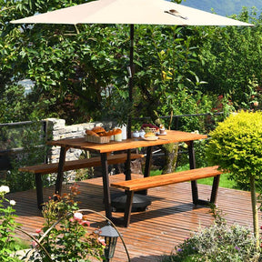 70" Patented Acacia Wood Picnic Table Bench Set with Umbrella Hole, 6-8 Person Outdoor Patio Dining Table, Heavy Duty Metal Frame Beer Garden Table