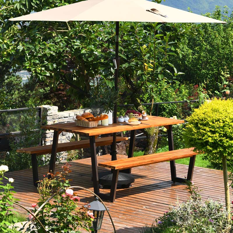 70" Patented Acacia Wood Picnic Table Bench Set with Umbrella Hole, 6-8 Person Outdoor Patio Dining Table, Heavy Duty Metal Frame Beer Garden Table
