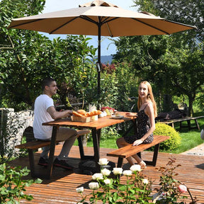 70" Patented Acacia Wood Picnic Table Bench Set with Umbrella Hole, 6-8 Person Outdoor Patio Dining Table, Heavy Duty Metal Frame Beer Garden Table