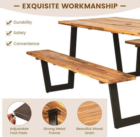 70" Patented Acacia Wood Picnic Table Bench Set with Umbrella Hole, 6-8 Person Outdoor Patio Dining Table, Heavy Duty Metal Frame Beer Garden Table