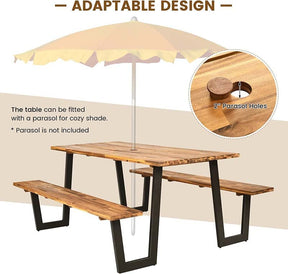 70" Patented Acacia Wood Picnic Table Bench Set with Umbrella Hole, 6-8 Person Outdoor Patio Dining Table, Heavy Duty Metal Frame Beer Garden Table