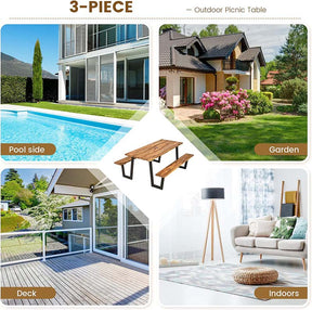 70" Patented Acacia Wood Picnic Table Bench Set with Umbrella Hole, 6-8 Person Outdoor Patio Dining Table, Heavy Duty Metal Frame Beer Garden Table