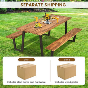70" Patented Acacia Wood Picnic Table Bench Set with Umbrella Hole, 6-8 Person Outdoor Patio Dining Table, Heavy Duty Metal Frame Beer Garden Table
