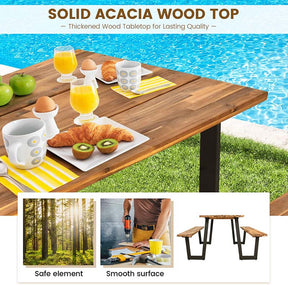 70" Patented Acacia Wood Picnic Table Bench Set with Umbrella Hole, 6-8 Person Outdoor Patio Dining Table, Heavy Duty Metal Frame Beer Garden Table