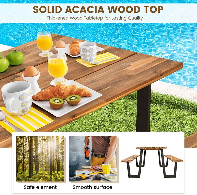 70" Patented Acacia Wood Picnic Table Bench Set with Umbrella Hole, 6-8 Person Outdoor Patio Dining Table, Heavy Duty Metal Frame Beer Garden Table