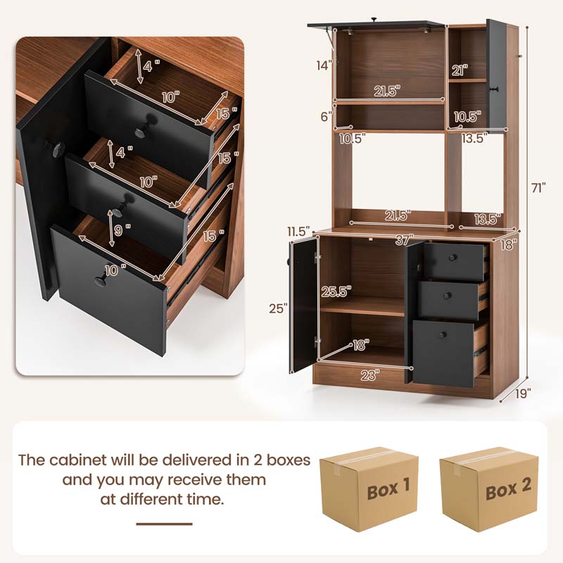 71" Tall Kitchen Pantry Cabinet, Buffet Hutch with 3 Deep Drawers, 4-Door Storage Cupboard, Microwave Stand & Adjustable Shelves, Freestanding
