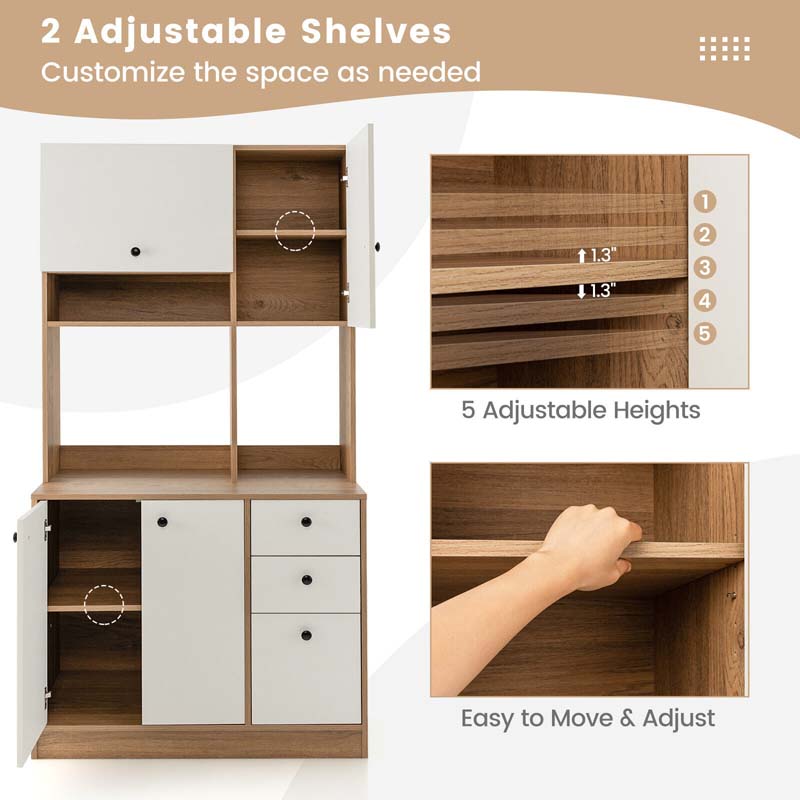 71" Tall Kitchen Pantry Cabinet, Buffet Hutch with 3 Deep Drawers, 4-Door Storage Cupboard, Microwave Stand & Adjustable Shelves, Freestanding