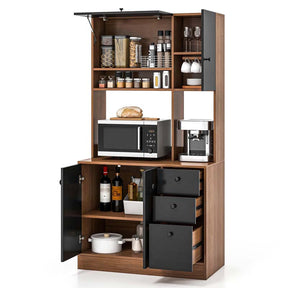71" Tall Kitchen Pantry Cabinet, Buffet Hutch with 3 Deep Drawers, 4-Door Storage Cupboard, Microwave Stand & Adjustable Shelves, Freestanding