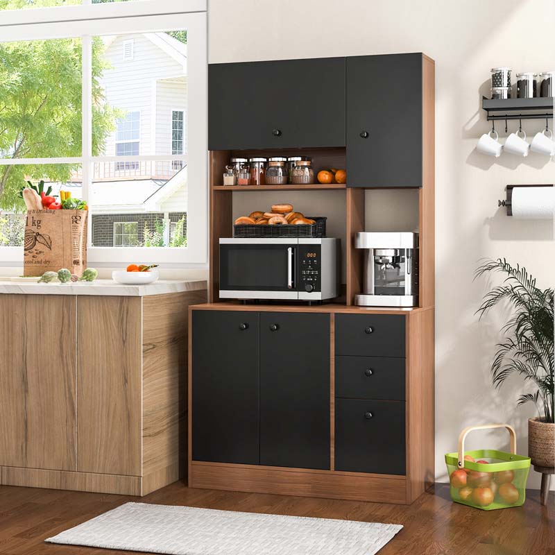 71" Tall Kitchen Pantry Cabinet, Buffet Hutch with 3 Deep Drawers, 4-Door Storage Cupboard, Microwave Stand & Adjustable Shelves, Freestanding