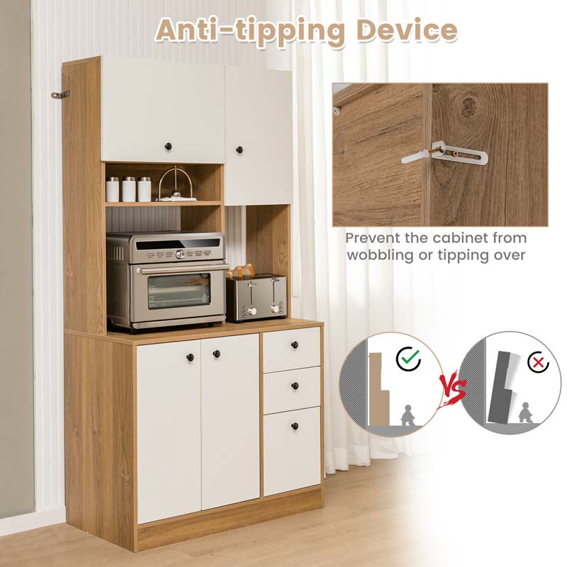 71" Tall Kitchen Pantry Cabinet, Buffet Hutch with 3 Deep Drawers, 4-Door Storage Cupboard, Microwave Stand & Adjustable Shelves, Freestanding