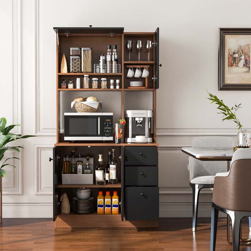 71" Tall Kitchen Pantry Cabinet, Buffet Hutch with 3 Deep Drawers, 4-Door Storage Cupboard, Microwave Stand & Adjustable Shelves, Freestanding