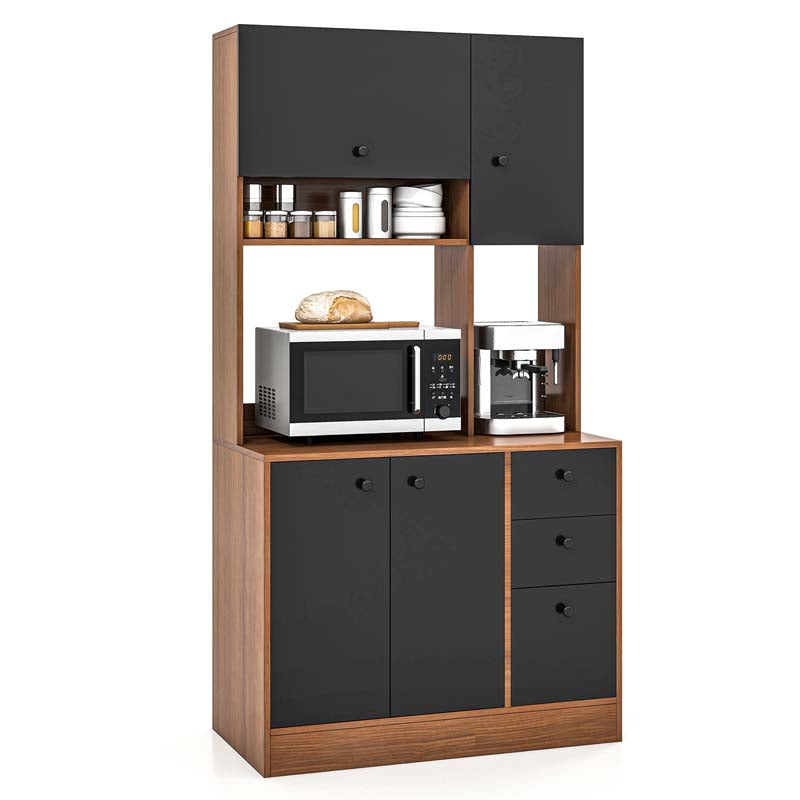 71" Tall Kitchen Pantry Cabinet, Buffet Hutch with 3 Deep Drawers, 4-Door Storage Cupboard, Microwave Stand & Adjustable Shelves, Freestanding