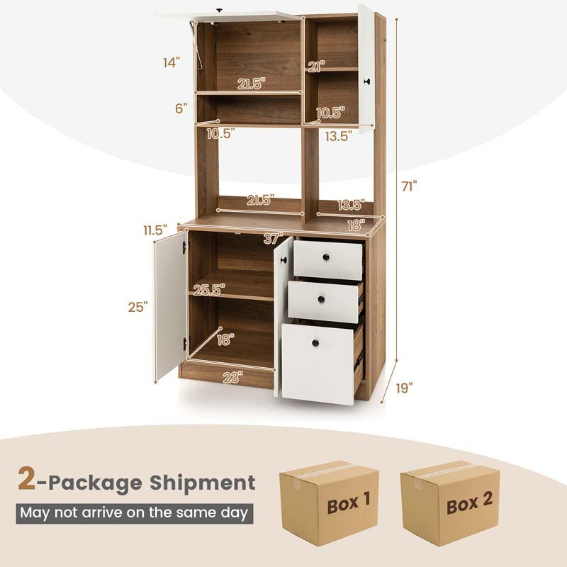 71" Tall Kitchen Pantry Cabinet, Buffet Hutch with 3 Deep Drawers, 4-Door Storage Cupboard, Microwave Stand & Adjustable Shelves, Freestanding
