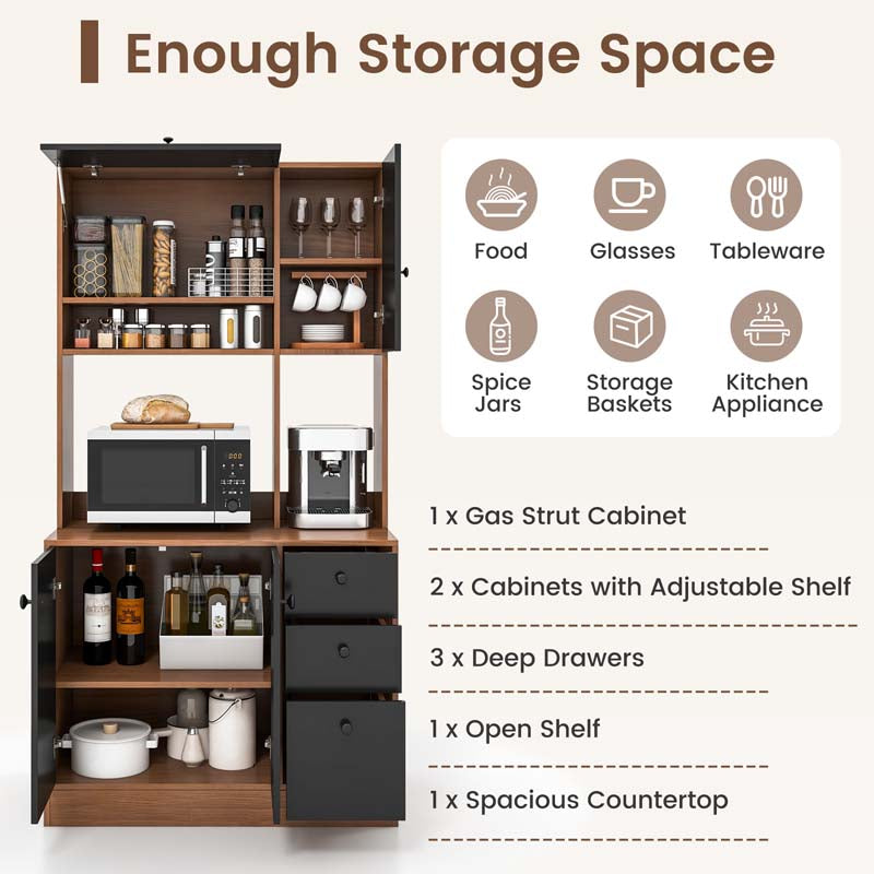 71" Tall Kitchen Pantry Cabinet, Buffet Hutch with 3 Deep Drawers, 4-Door Storage Cupboard, Microwave Stand & Adjustable Shelves, Freestanding