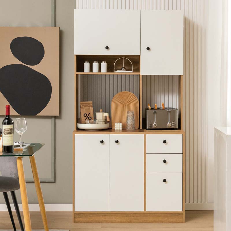 71" Tall Kitchen Pantry Cabinet, Buffet Hutch with 3 Deep Drawers, 4-Door Storage Cupboard, Microwave Stand & Adjustable Shelves, Freestanding