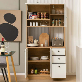 71" Tall Kitchen Pantry Cabinet, Buffet Hutch with 3 Deep Drawers, 4-Door Storage Cupboard, Microwave Stand & Adjustable Shelves, Freestanding