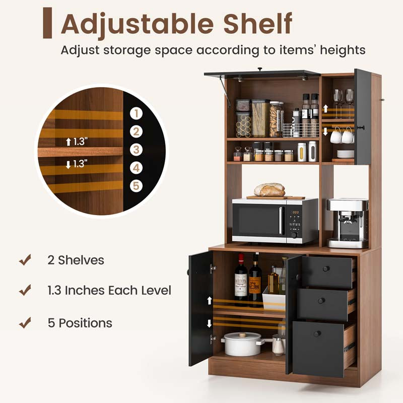 71" Tall Kitchen Pantry Cabinet, Buffet Hutch with 3 Deep Drawers, 4-Door Storage Cupboard, Microwave Stand & Adjustable Shelves, Freestanding