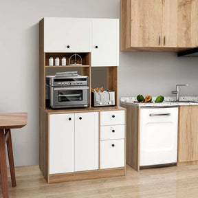 71" Tall Kitchen Pantry Cabinet, Buffet Hutch with 3 Deep Drawers, 4-Door Storage Cupboard, Microwave Stand & Adjustable Shelves, Freestanding