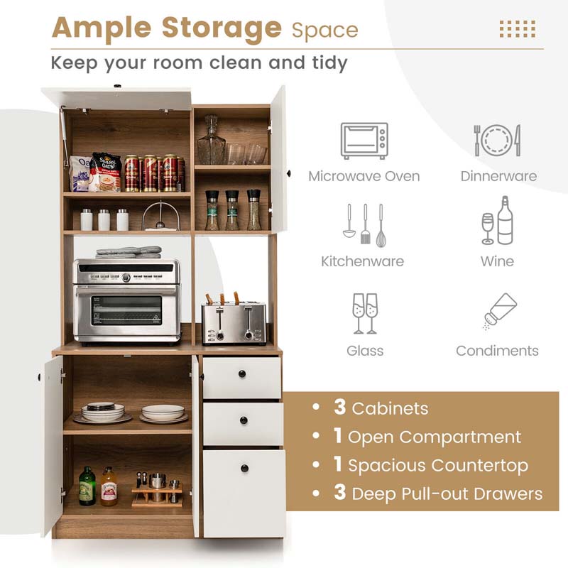 71" Tall Kitchen Pantry Cabinet, Buffet Hutch with 3 Deep Drawers, 4-Door Storage Cupboard, Microwave Stand & Adjustable Shelves, Freestanding