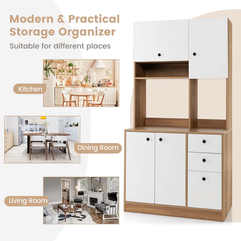 71" Tall Kitchen Pantry Cabinet, Buffet Hutch with 3 Deep Drawers, 4-Door Storage Cupboard, Microwave Stand & Adjustable Shelves, Freestanding