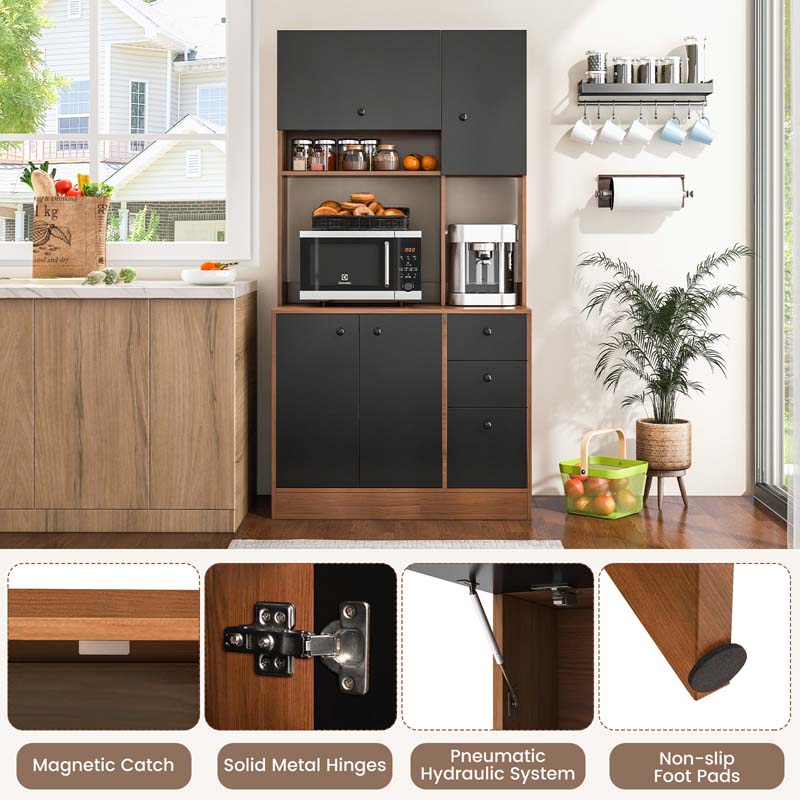 71" Tall Kitchen Pantry Cabinet, Buffet Hutch with 3 Deep Drawers, 4-Door Storage Cupboard, Microwave Stand & Adjustable Shelves, Freestanding